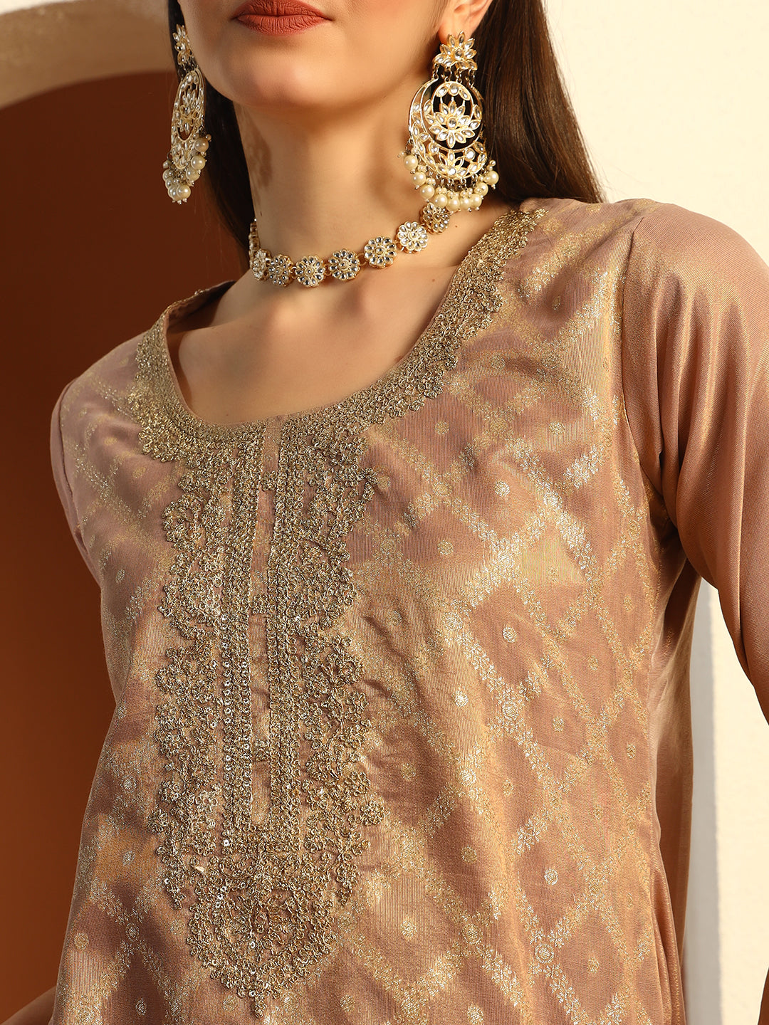 Organza Sequinned Straight Suit with Zardozi Embroidery & Tasseled Chanderi Dupatta