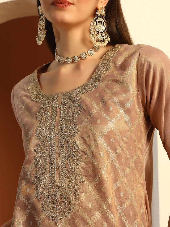 Organza Sequinned Straight Suit with Zardozi Embroidery & Tasseled Chanderi Dupatta