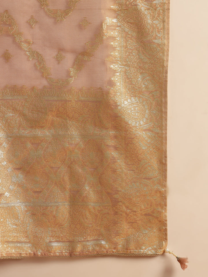 Organza Sequinned Straight Suit with Zardozi Embroidery & Tasseled Chanderi Dupatta