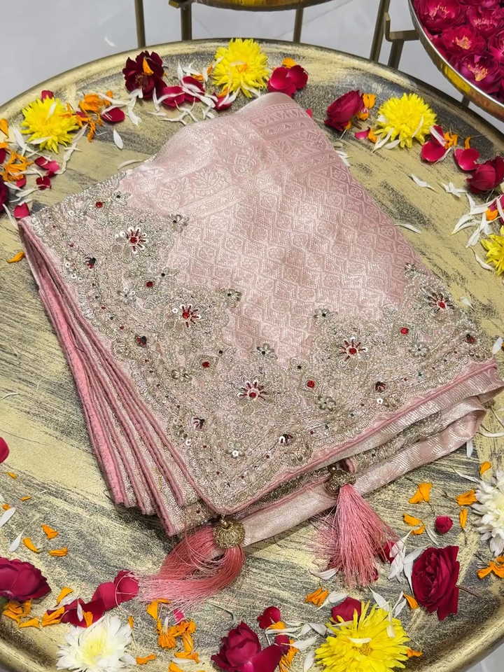 Tissue Silk Woven Floral Booti Saree with Heavy Zari & Sequin Embroidered