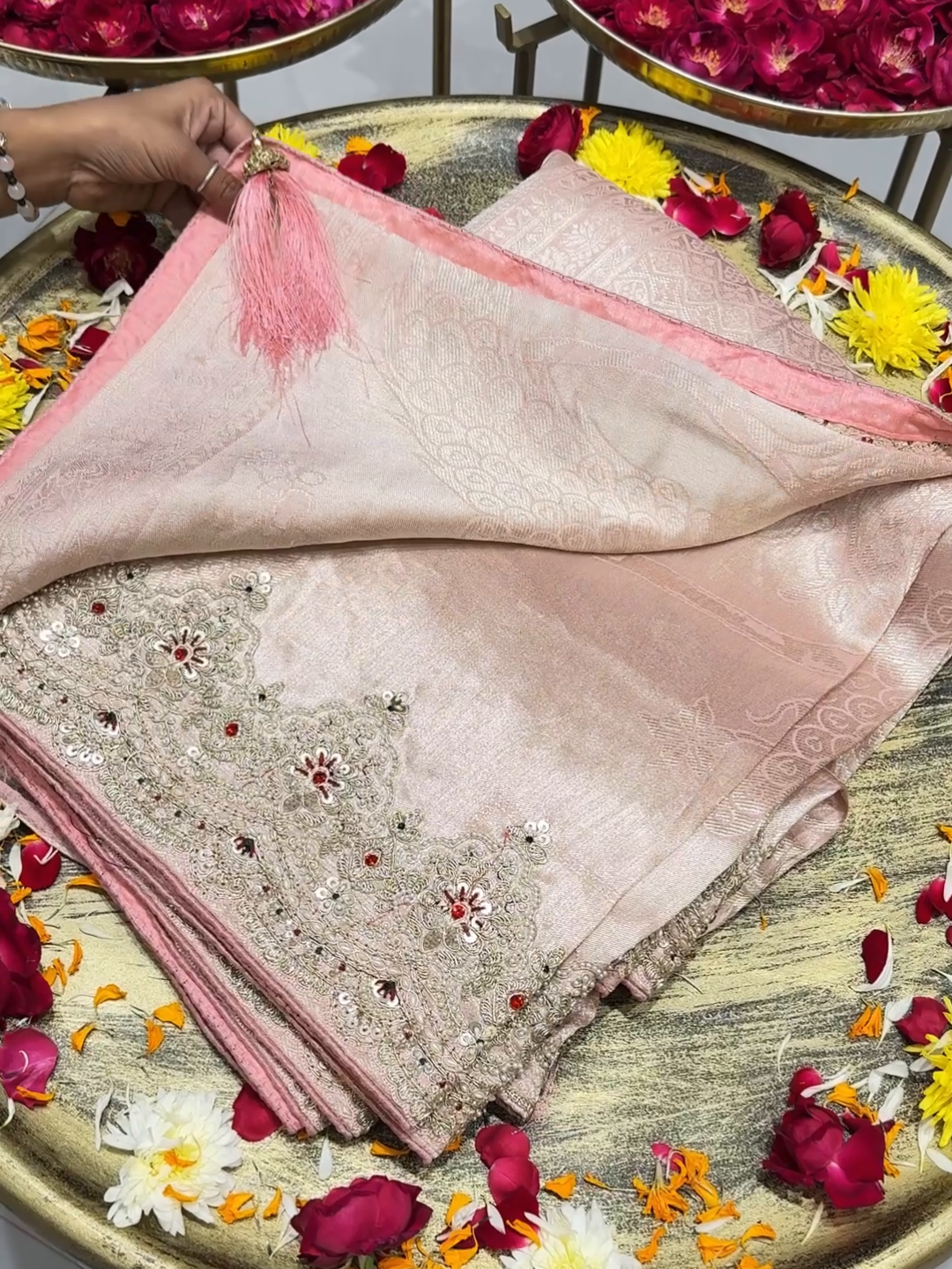 Tissue Silk Woven Floral Booti Saree with Heavy Zari & Sequin Embroidered
