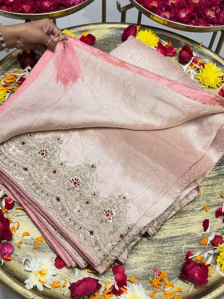 Tissue Silk Woven Floral Booti Saree with Heavy Zari & Sequin Embroidered