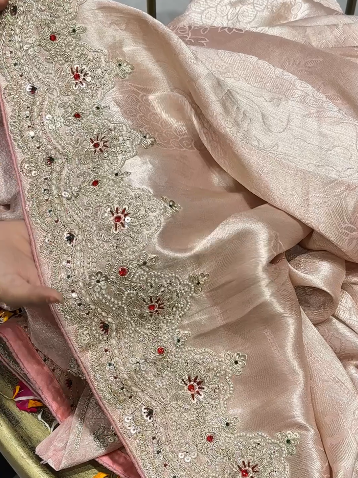 Tissue Silk Woven Floral Booti Saree with Heavy Zari & Sequin Embroidered