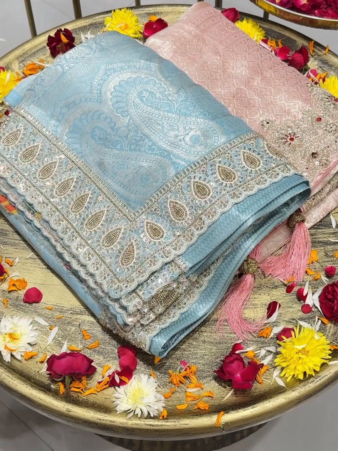 Tissue Silk Woven Floral Booti Saree with Heavy Zari & Sequin Embroidered