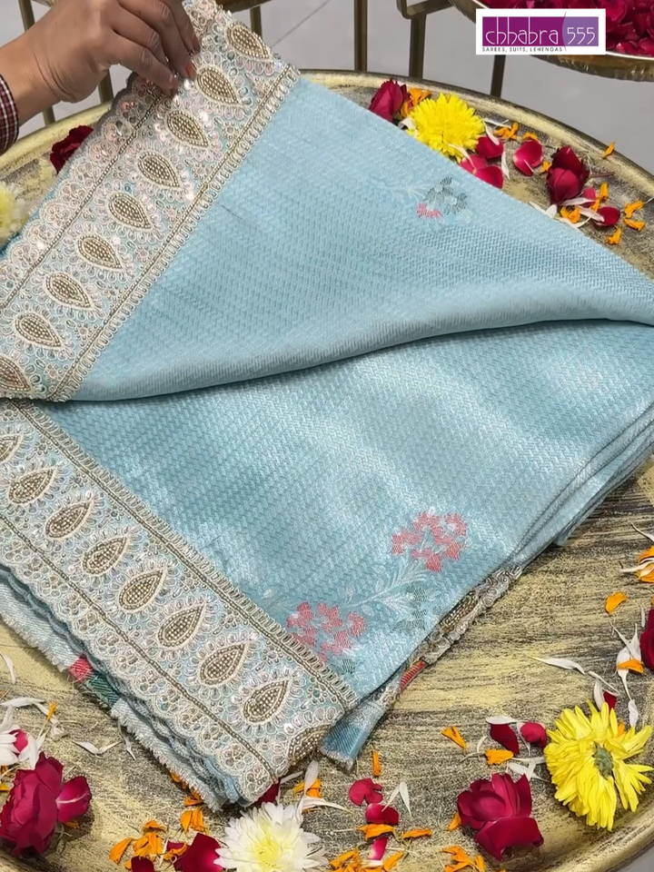 Tissue Silk Woven Floral Booti Saree with Heavy Zari & Sequin Embroidered