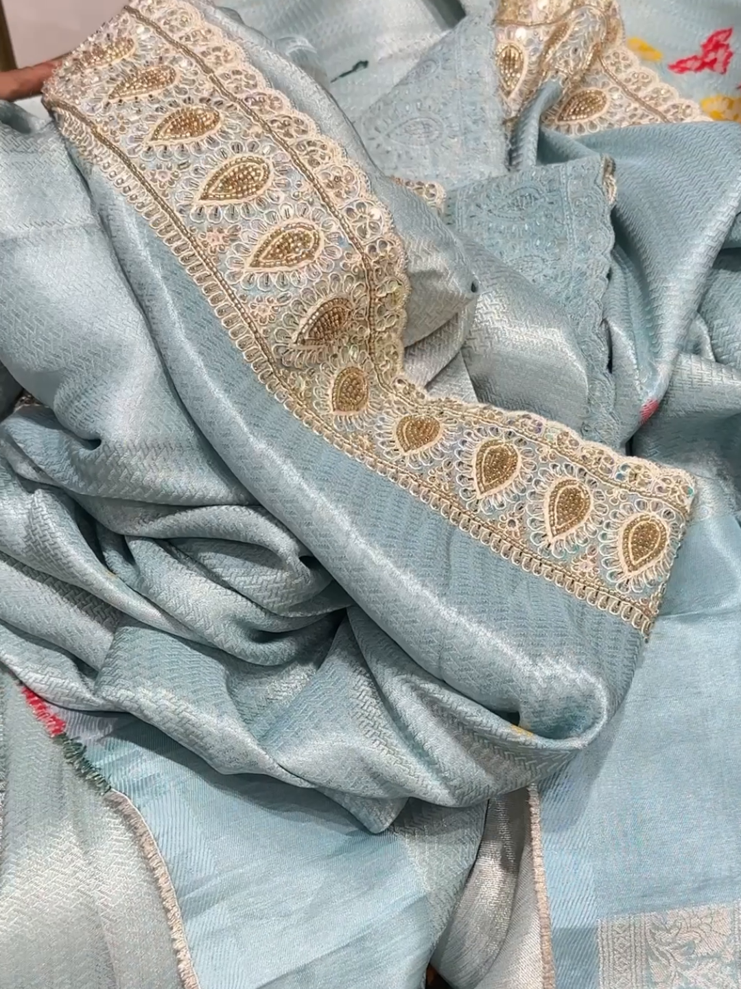 Tissue Silk Woven Floral Booti Saree with Heavy Zari & Sequin Embroidered