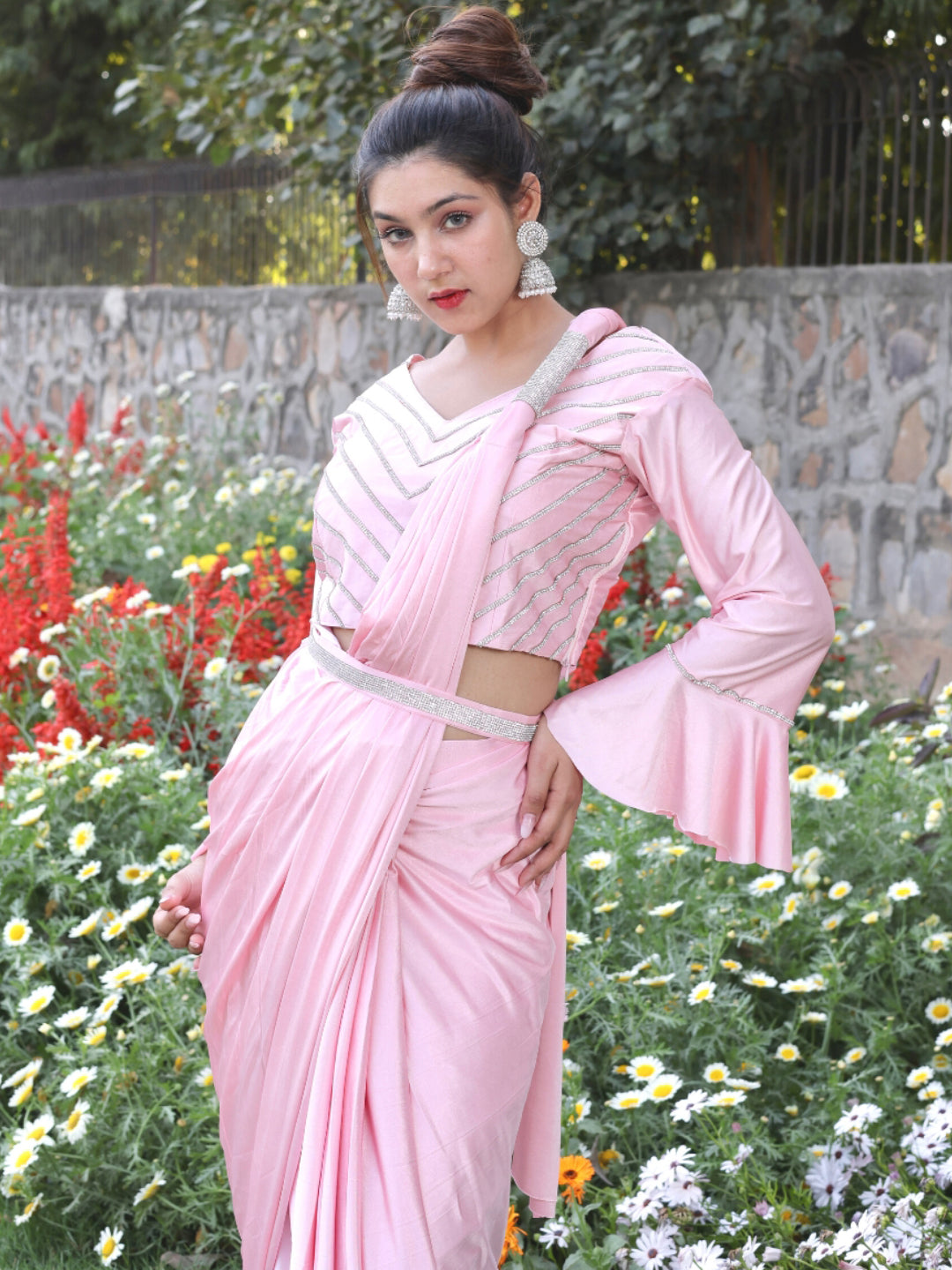 Belted Lycra Saree with Bell Sleeves & Cinched Stylized Drape