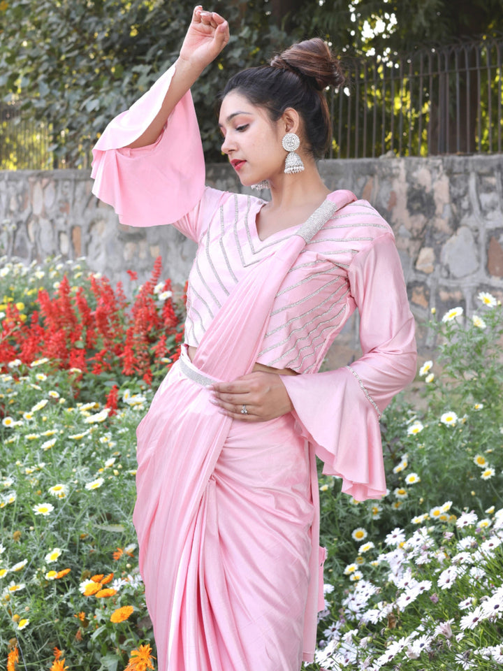 Belted Lycra Saree with Bell Sleeves & Cinched Stylized Drape