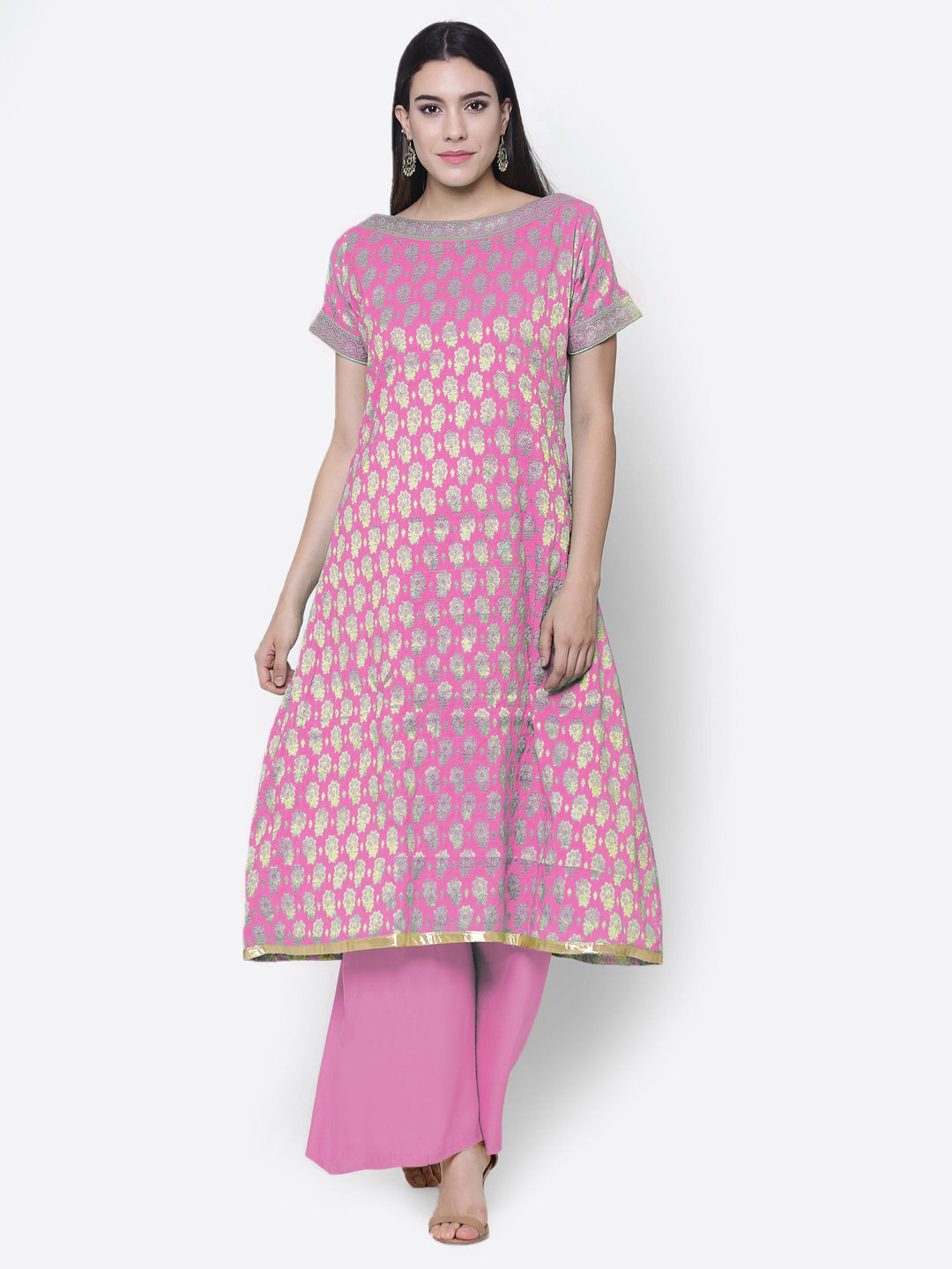 Pink Chanderi Cotton Unstitched Dress Material With Dupatta