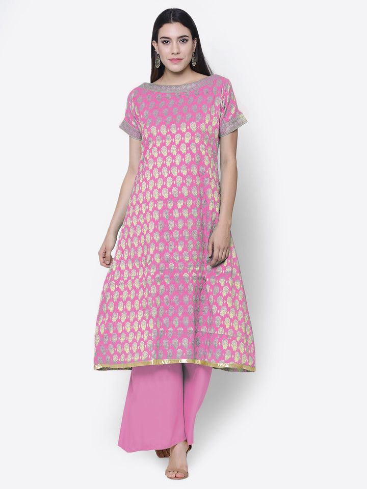 Pink Chanderi Cotton Unstitched Dress Material With Dupatta
