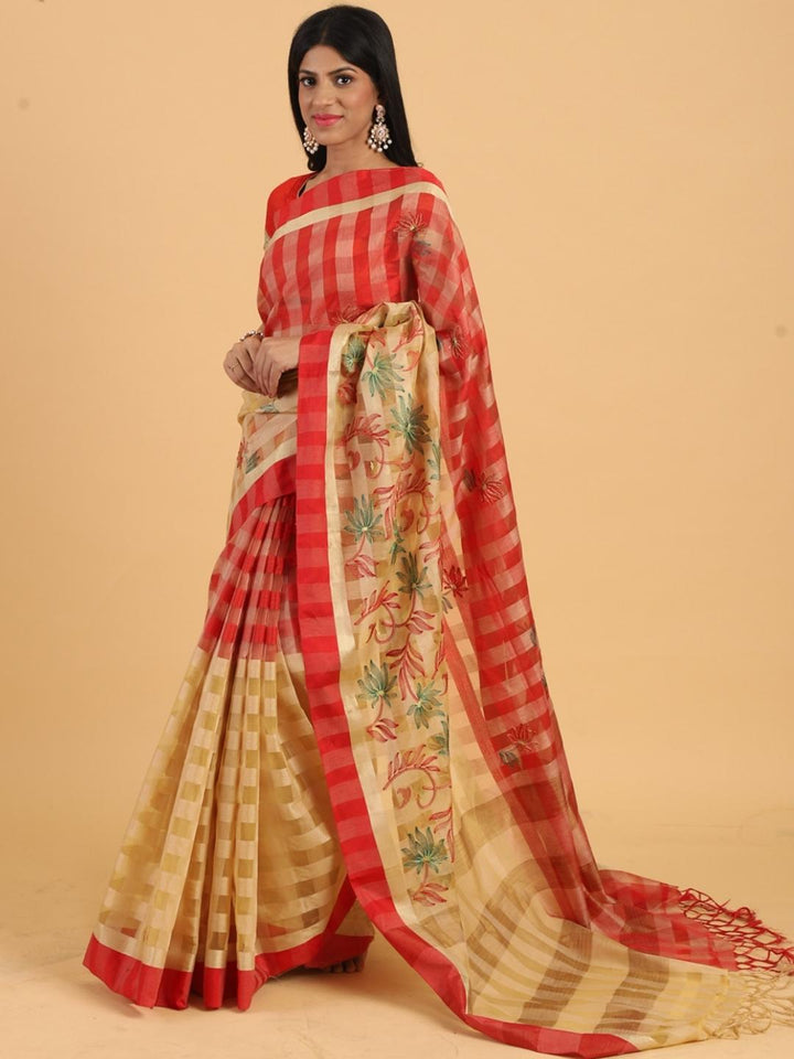 Zari woven Checked Half & Half Chanderi Saree with Floral Embroidery