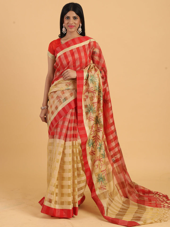 Zari woven Checked Half & Half Chanderi Saree with Floral Embroidery