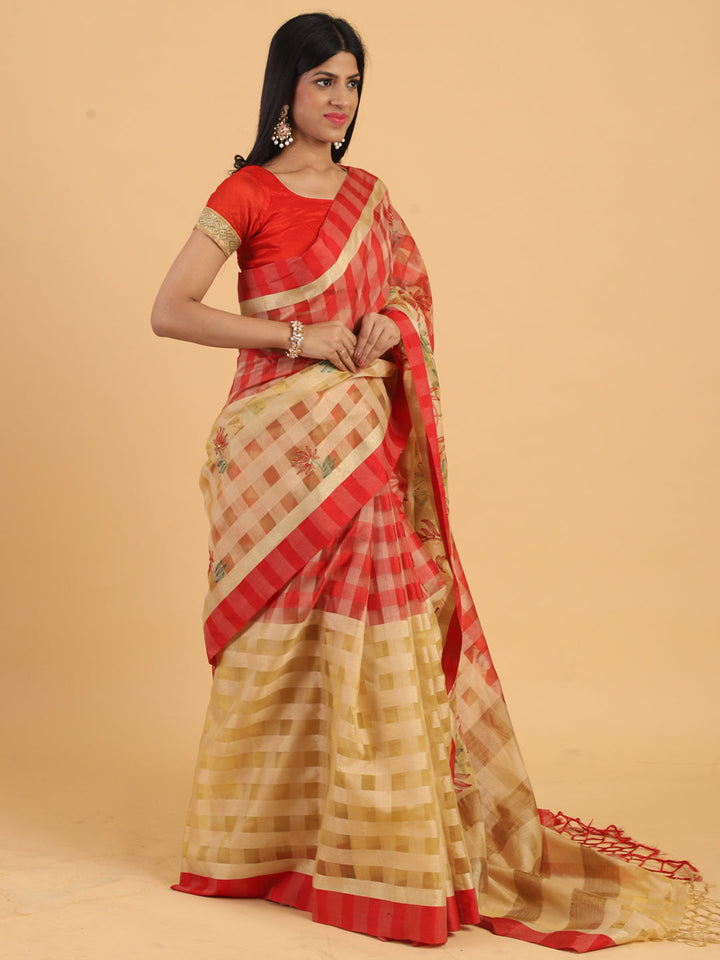 Zari woven Checked Half & Half Chanderi Saree with Floral Embroidery