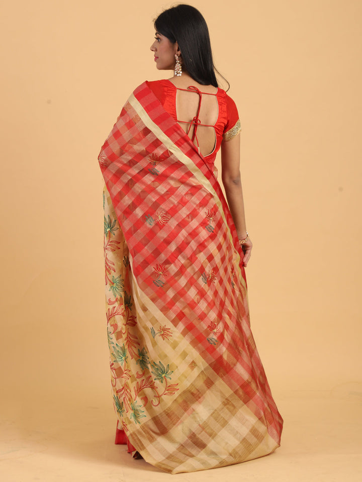 Zari woven Checked Half & Half Chanderi Saree with Floral Embroidery