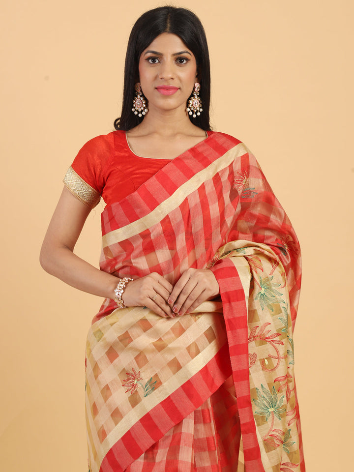 Zari woven Checked Half & Half Chanderi Saree with Floral Embroidery