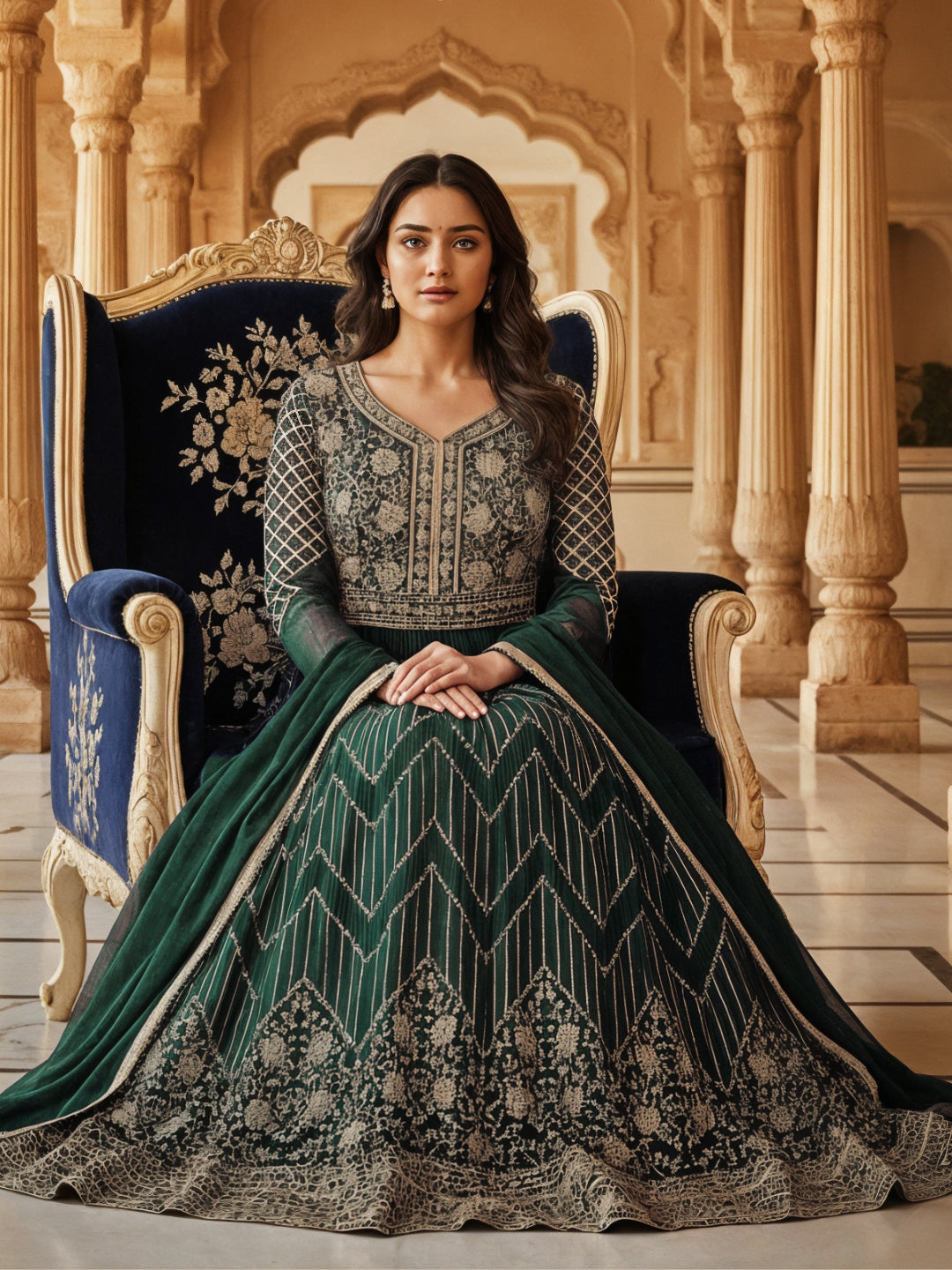Georgette Flared Anarakali Gown with Zari Embroidered Floral & Striped Patterns
