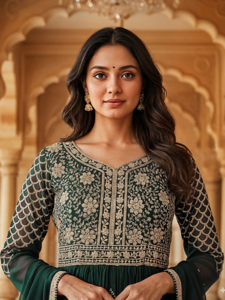Georgette Flared Anarakali Gown with Zari Embroidered Floral & Striped Patterns