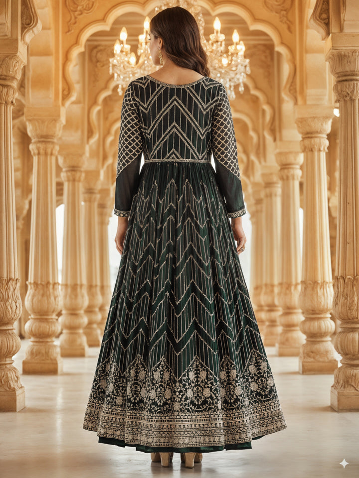 Georgette Flared Anarakali Gown with Zari Embroidered Floral & Striped Patterns