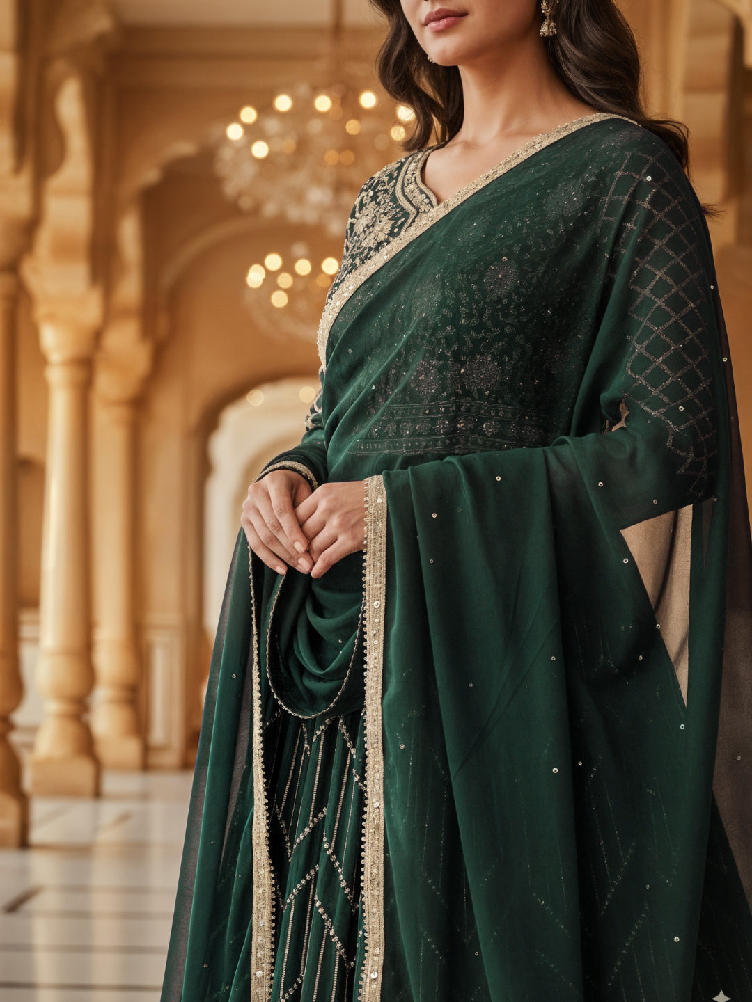 Georgette Flared Anarakali Gown with Zari Embroidered Floral & Striped Patterns