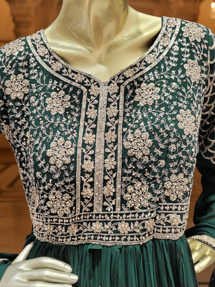 Georgette Flared Anarakali Gown with Zari Embroidered Floral & Striped Patterns