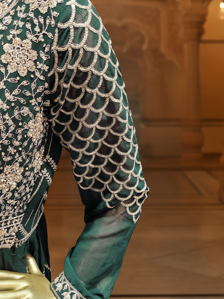 Georgette Flared Anarakali Gown with Zari Embroidered Floral & Striped Patterns