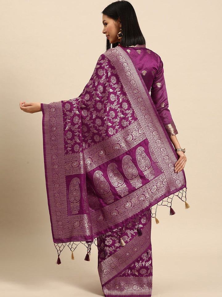 Burgundy Paisley Ethnic Motifs Zari Handloom Jute Silk Saree