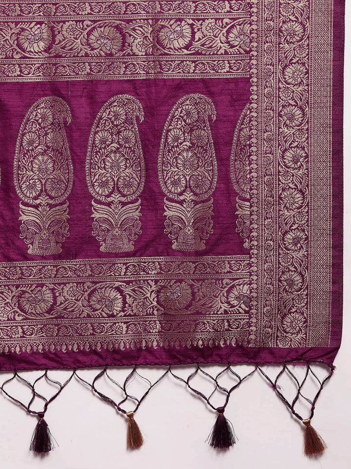 Burgundy Paisley Ethnic Motifs Zari Handloom Jute Silk Saree