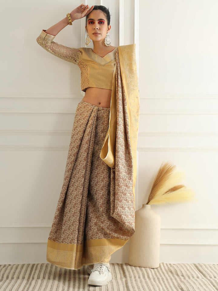 Beige Floral Jaal Pattern Khadi Silk Beautiful Traditional Saree