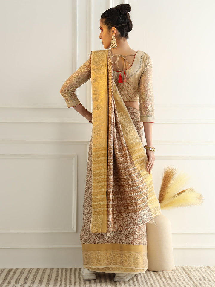 Beige Floral Jaal Pattern Khadi Silk Beautiful Traditional Saree