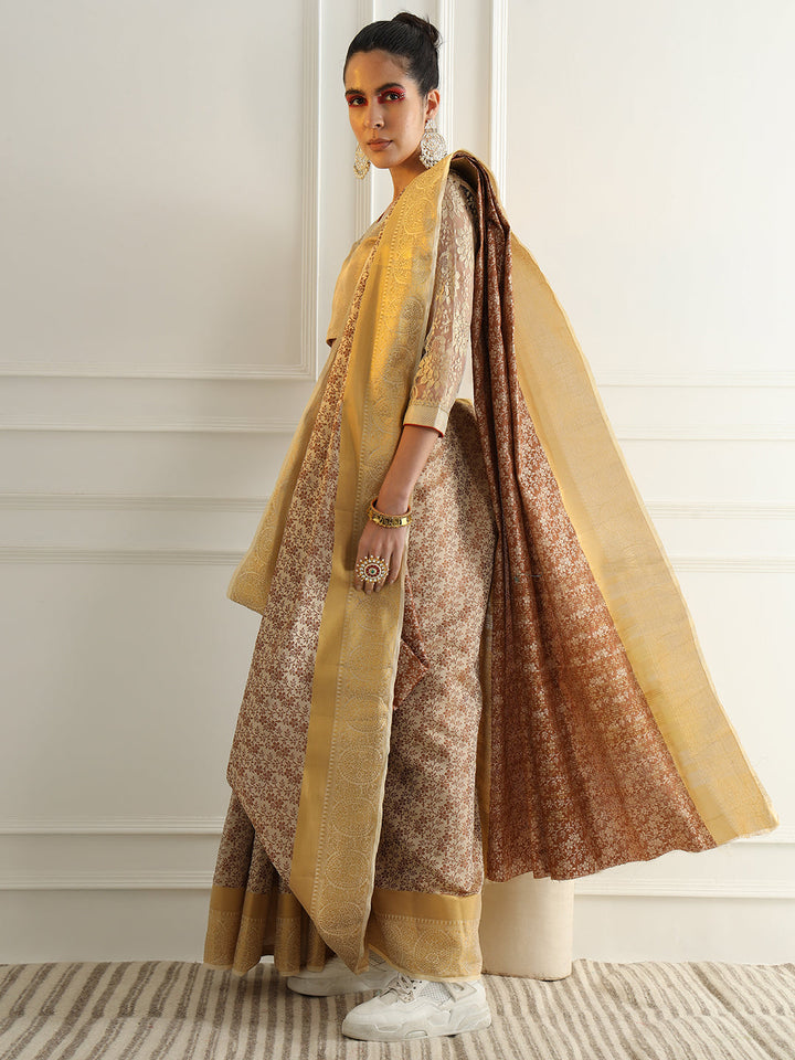 Beige Floral Jaal Pattern Khadi Silk Beautiful Traditional Saree