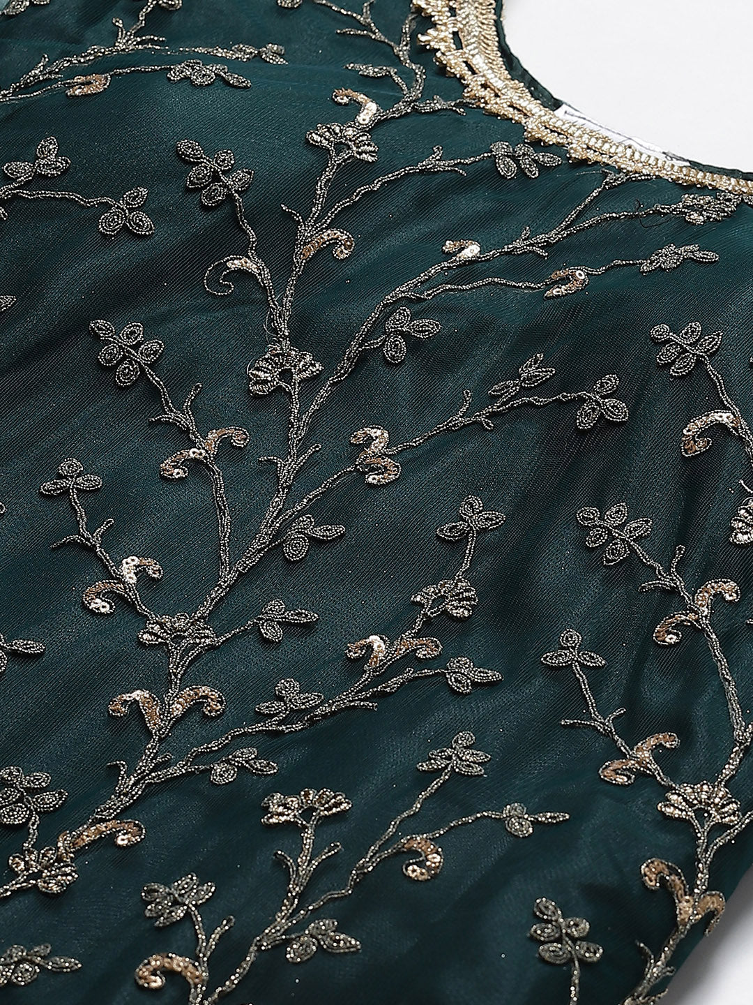 Made to Measure Bottle Green Gold Zari Embroidery Net Kurta Sharara Set with Net Dupatta