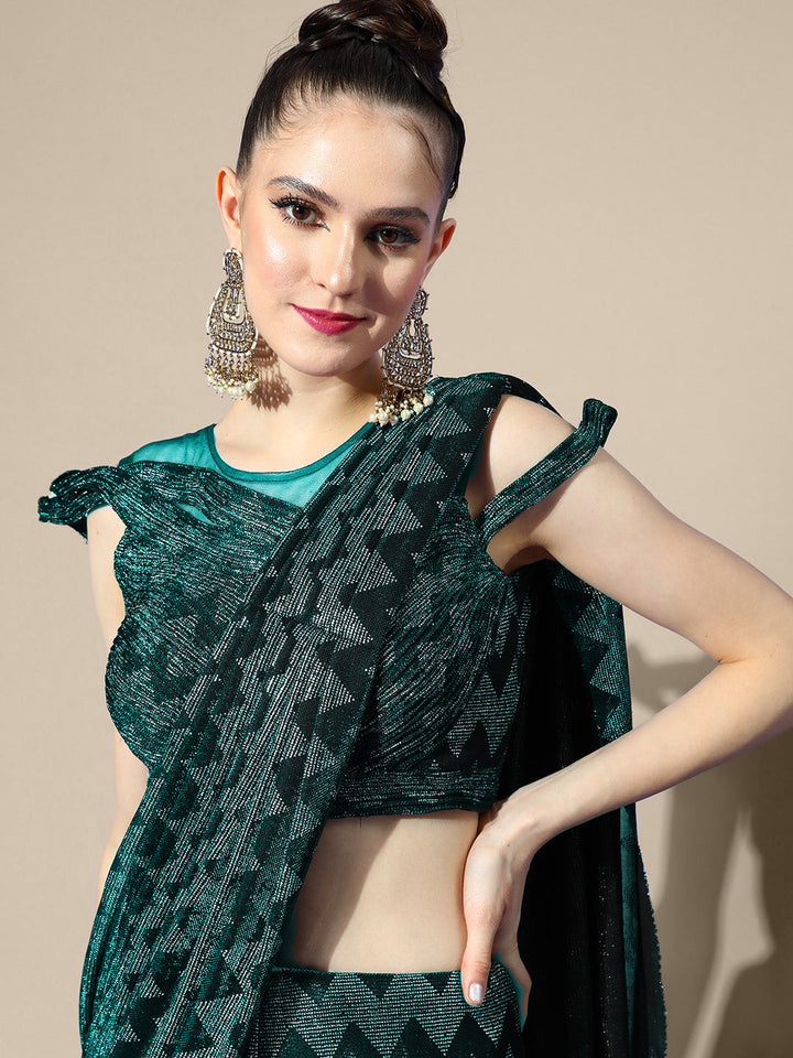 Green Metallic Bling Draped Saree With Bold Chevron Print