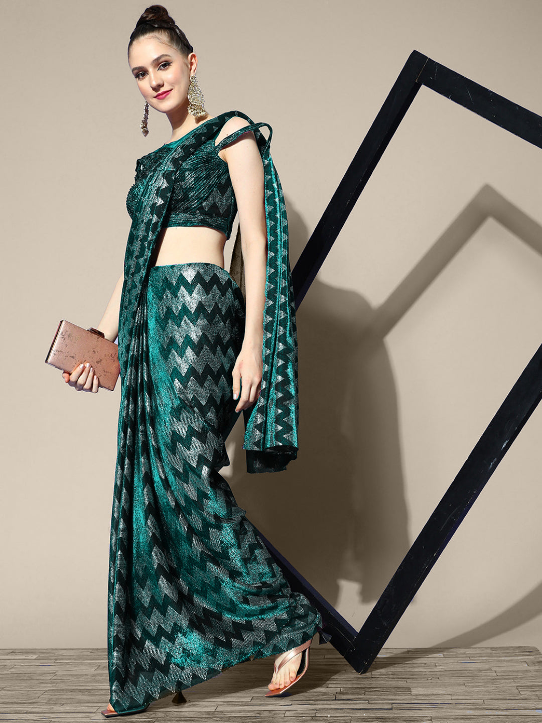 Green Metallic Bling Draped Saree With Bold Chevron Print