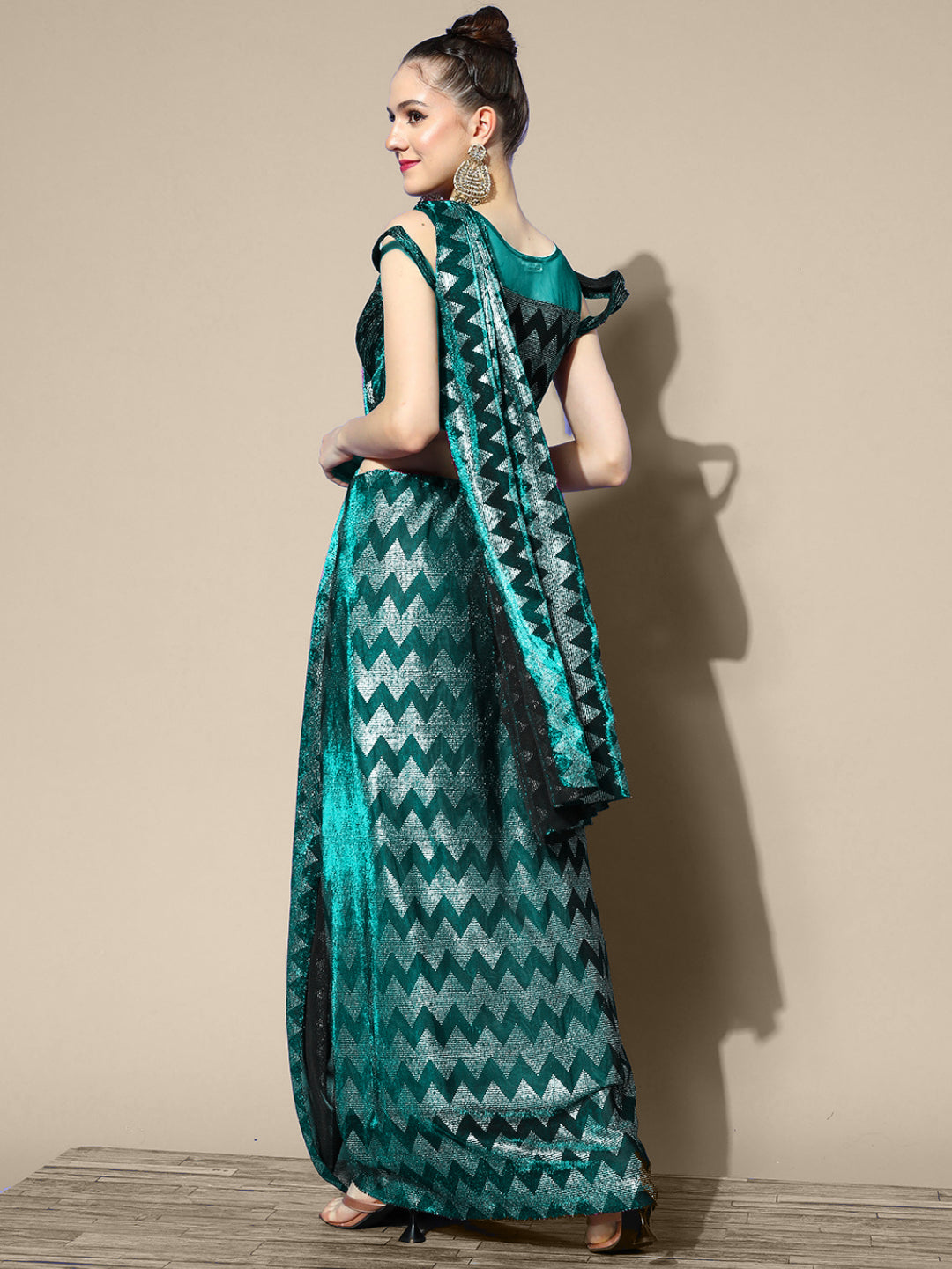 Green Metallic Bling Draped Saree With Bold Chevron Print