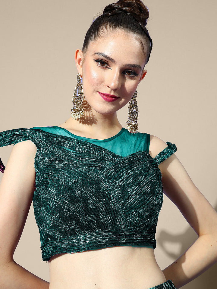 Green Metallic Bling Draped Saree With Bold Chevron Print