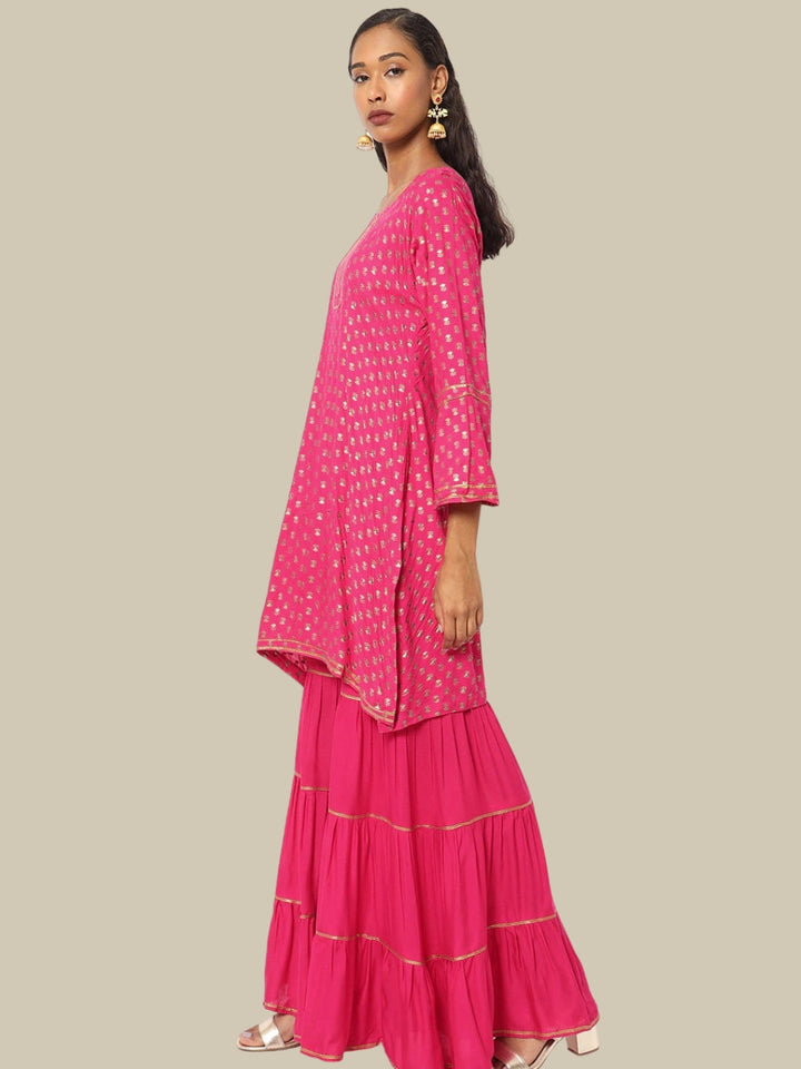 Magenta Pink Foil Printed Kurta Sharara Set With Solid Dupatta