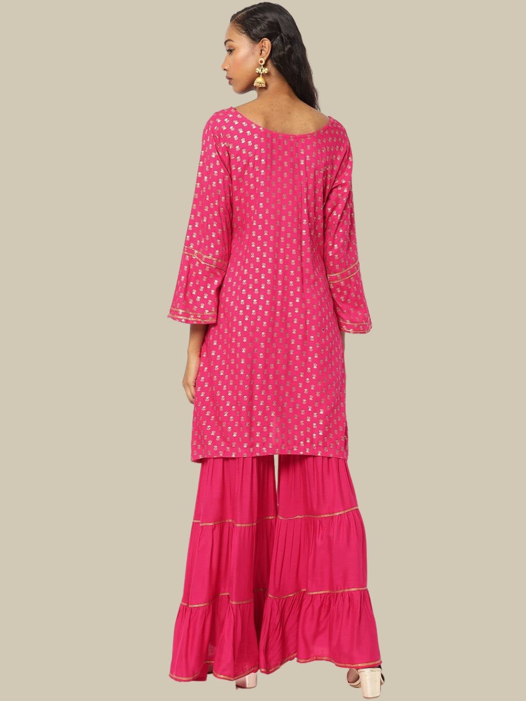 Magenta Pink Foil Printed Kurta Sharara Set With Solid Dupatta