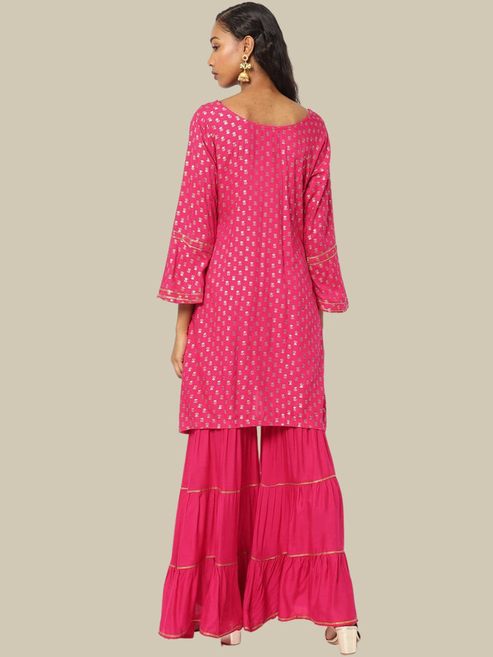 Magenta Pink Foil Printed Kurta Sharara Set With Solid Dupatta