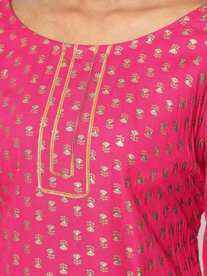 Magenta Pink Foil Printed Kurta Sharara Set With Solid Dupatta