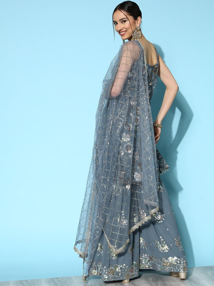 Grey Sequence Embellished Georgette Kurta Sharara Set with Net Dupatta