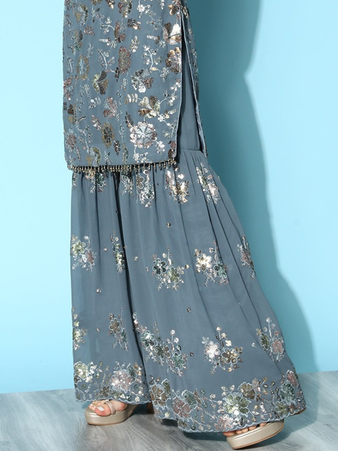 Grey Sequence Embellished Georgette Kurta Sharara Set with Net Dupatta