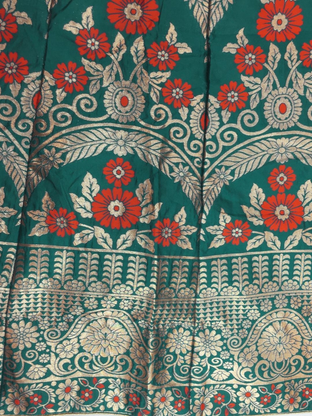 Teal Green & Red Embroidered Banarasi Silk Lehenga Choli & Dupatta