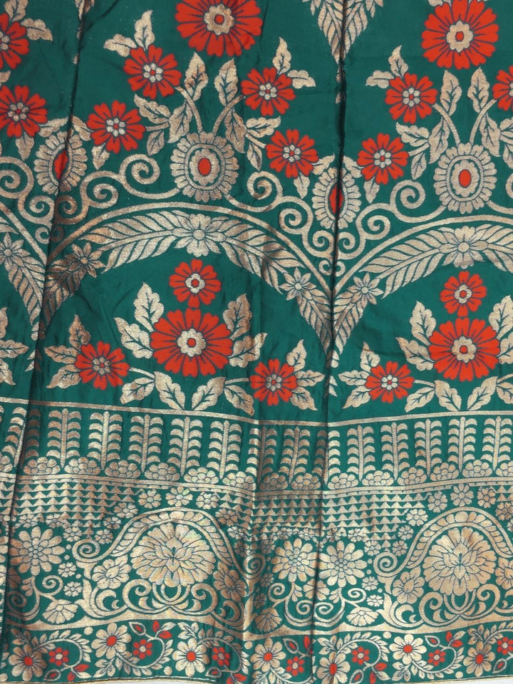 Teal Green & Red Embroidered Banarasi Silk Lehenga Choli & Dupatta