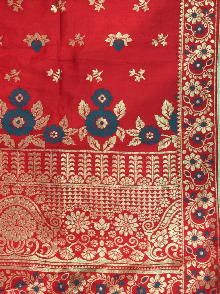 Teal Green & Red Embroidered Banarasi Silk Lehenga Choli & Dupatta