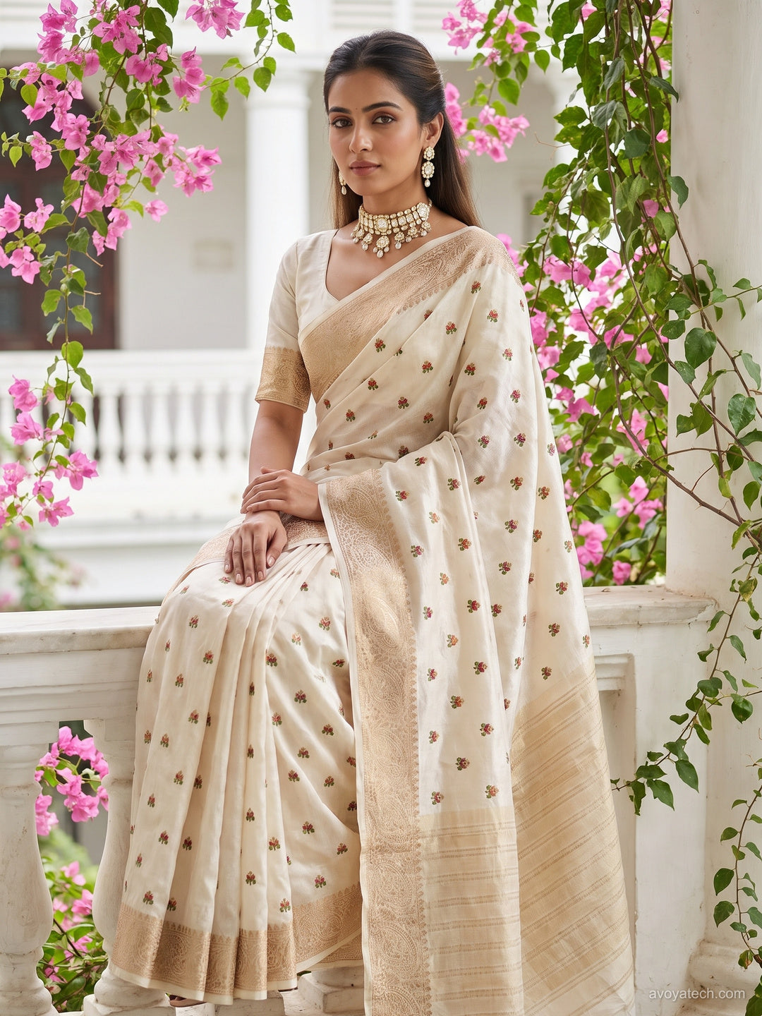 Off White Banarasi Silk Saree with Zari Paisley Border and Floral Booti Weave