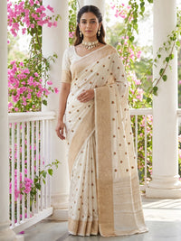 Off White Banarasi Silk Saree with Zari Paisley Border and Floral Booti Weave