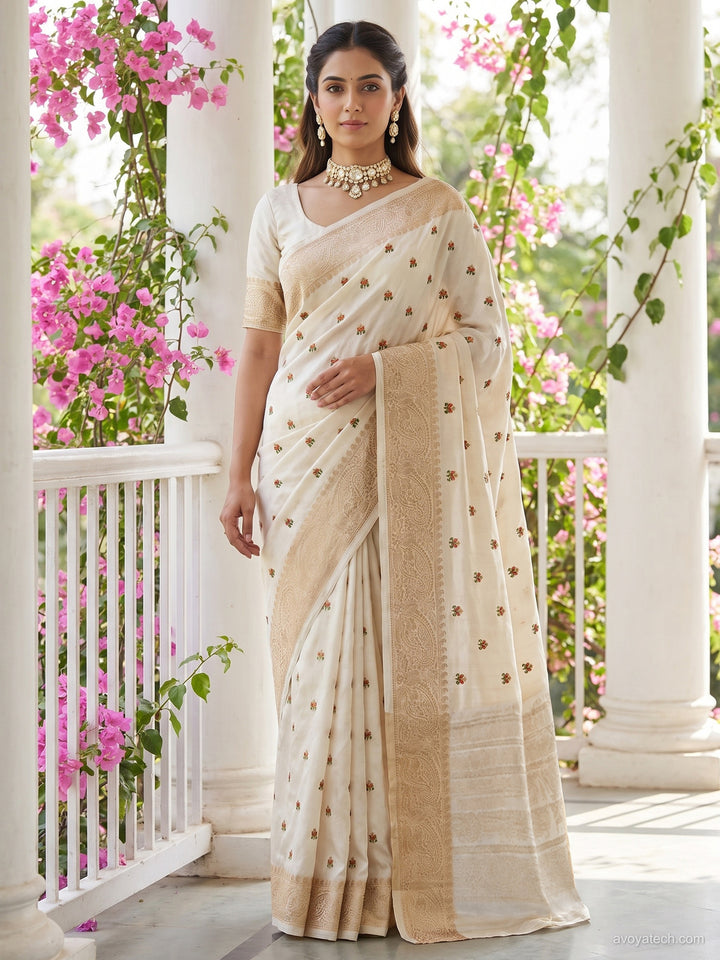 Off White Banarasi Silk Saree with Zari Paisley Border and Floral Booti Weave