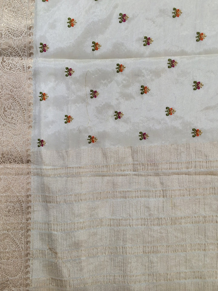 Off White Banarasi Silk Saree with Zari Paisley Border and Floral Booti Weave