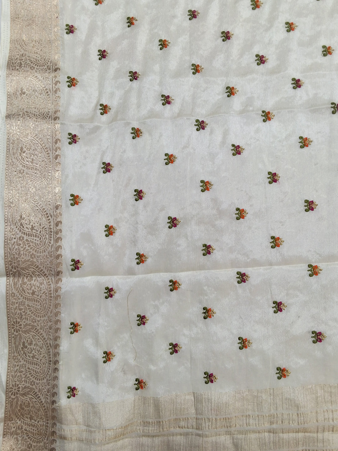 Off White Banarasi Silk Saree with Zari Paisley Border and Floral Booti Weave