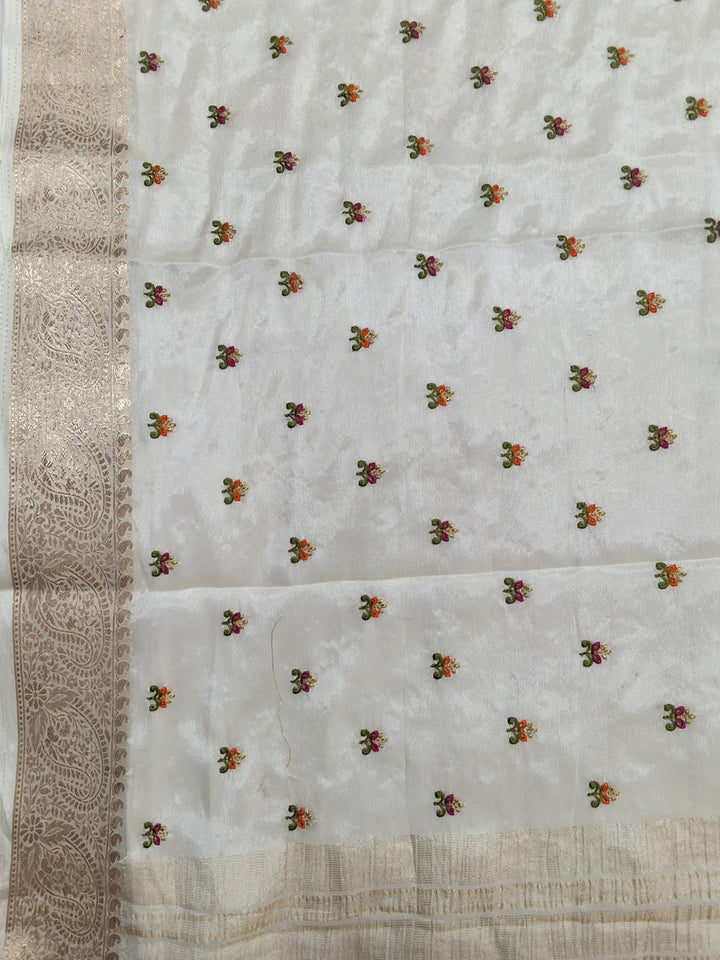 Off White Banarasi Silk Saree with Zari Paisley Border and Floral Booti Weave